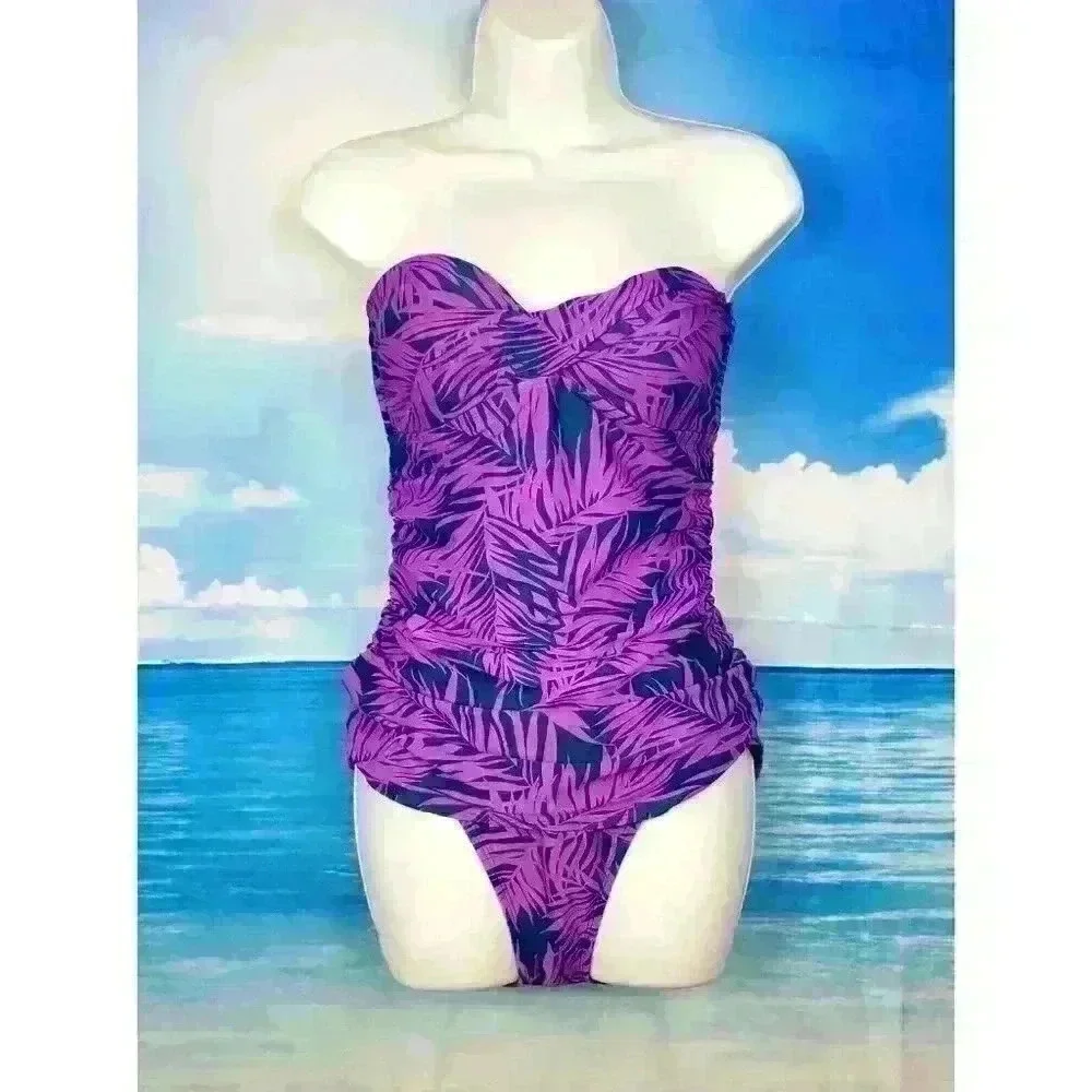OLD NAVY Strapless PURPLE and NAVY BLUE Fern Print Swim Bathing Suit One Piece M